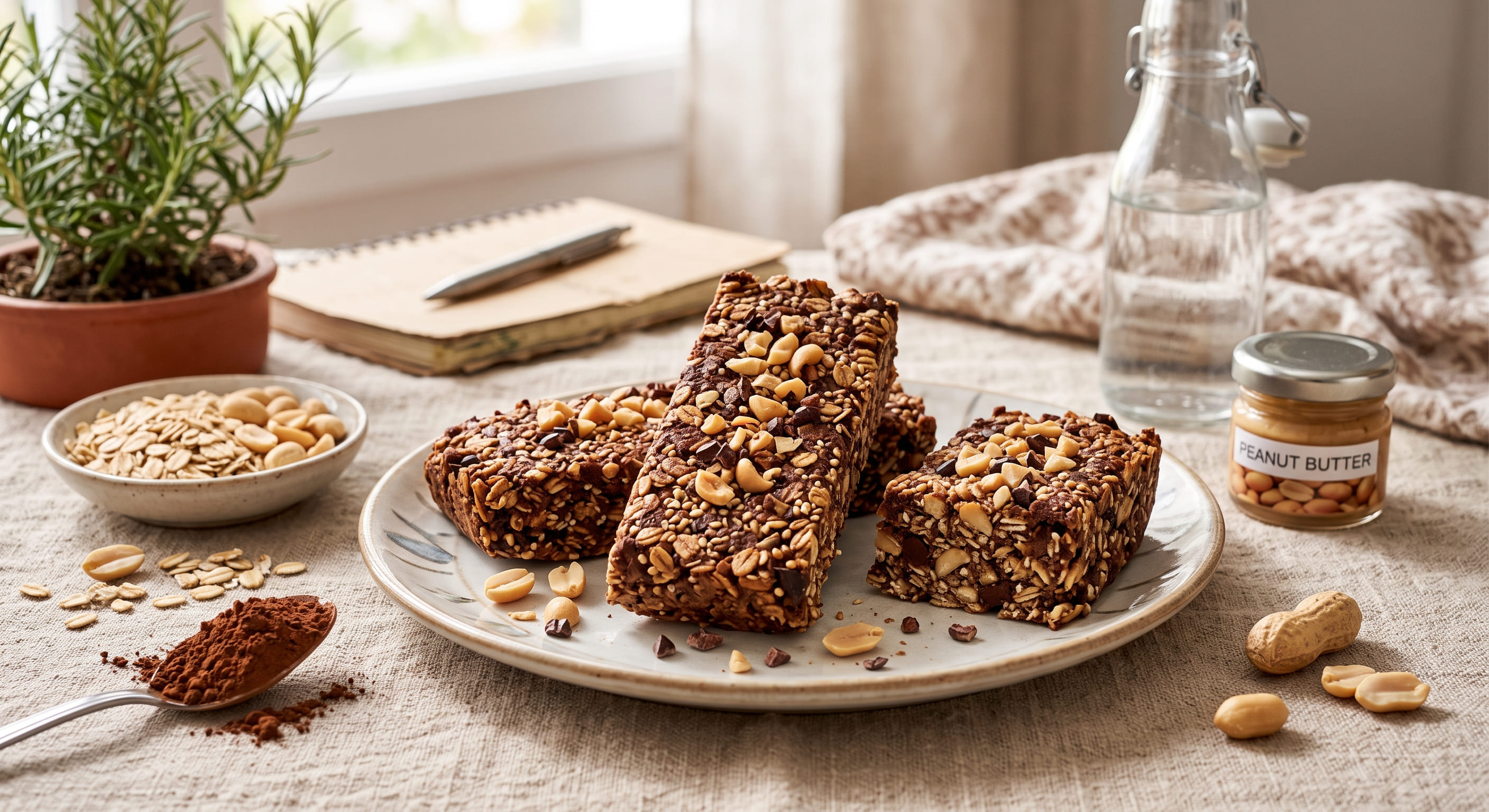 Barritas proteicas caseras horneadas de avena, cacahuete y cacao