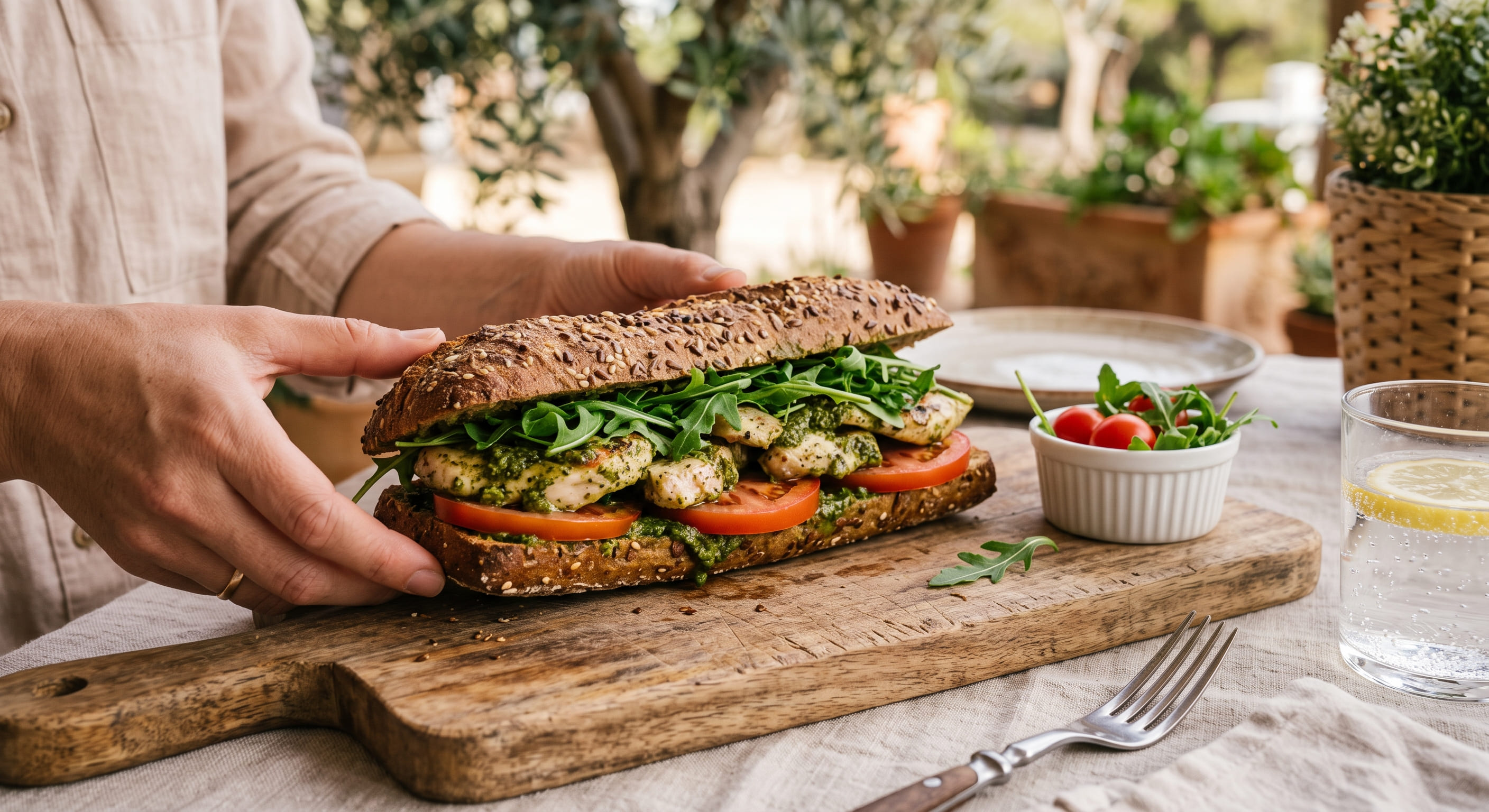 Bocadillo integral de pollo con pesto, tomate y rúcula