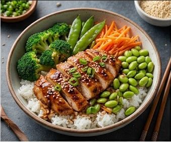 Bowl de pollo teriyaki con arroz, aguacate y edamames