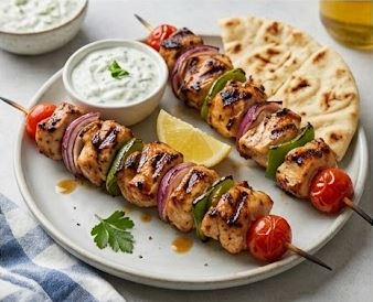 Brochetas de pollo y verduras coloridas a la parrilla