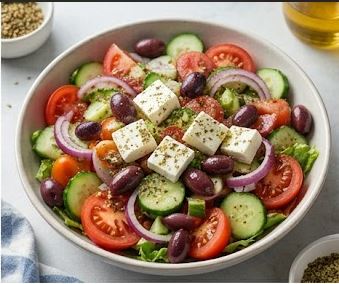 Ensalada griega con pollo a la plancha y queso feta