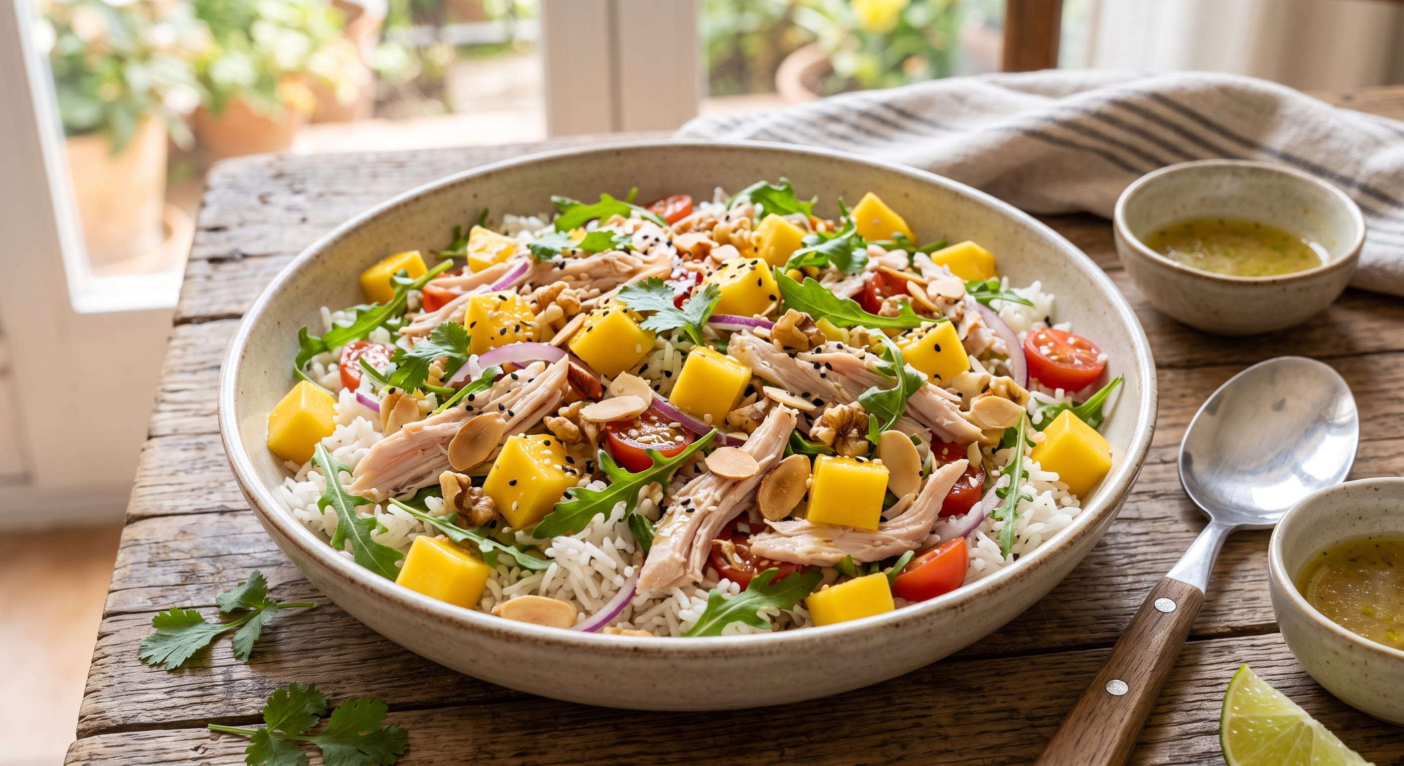 Ensalada fría de arroz con pavo, mango y pepino