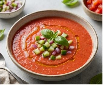 Gazpacho andaluz con pollo en dados y aceite de oliva