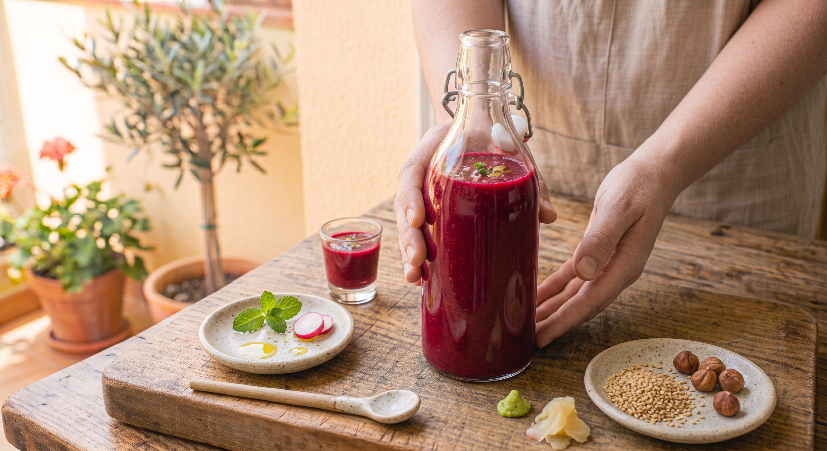 Gazpacho frío de remolacha en botella reutilizable