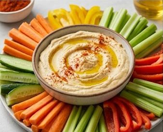 Hummus casero cremoso con bastones de verduras frescas