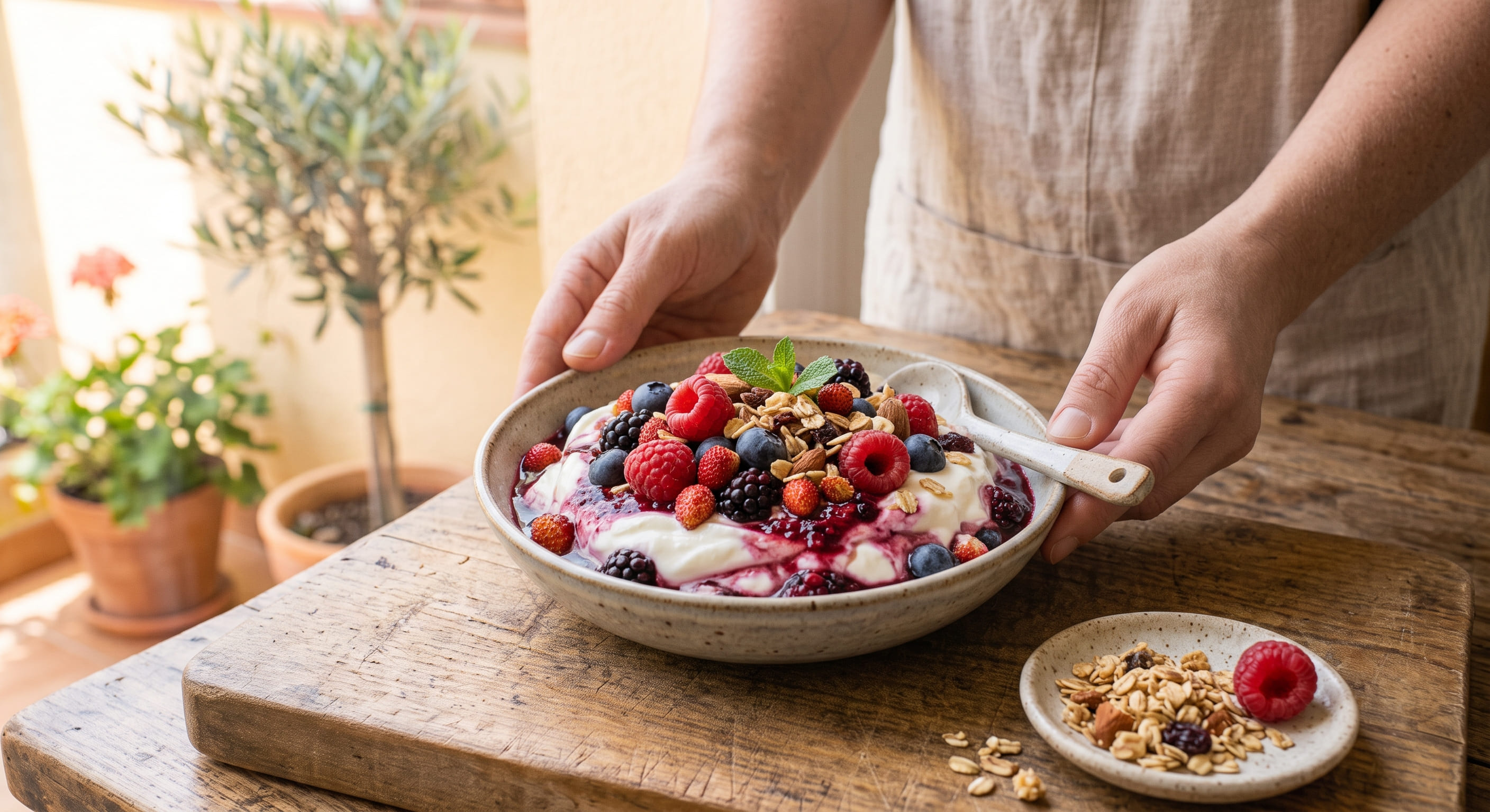 Parfait de yogur con frutos rojos y granola para llevar