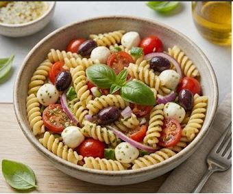 Ensalada de pasta fría con atún y verduras de colores