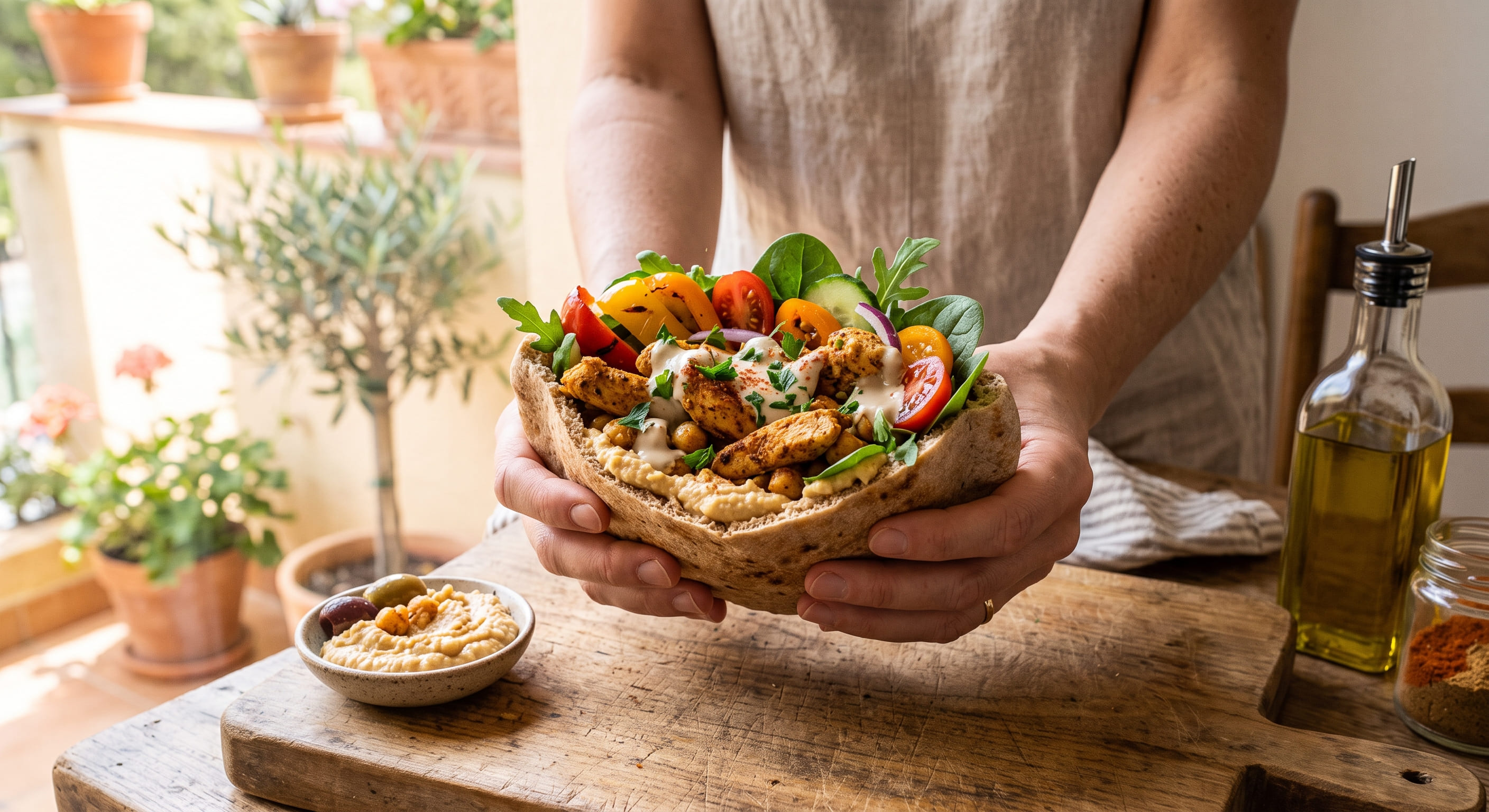 Pita integral rellena de pollo, hummus y verduras