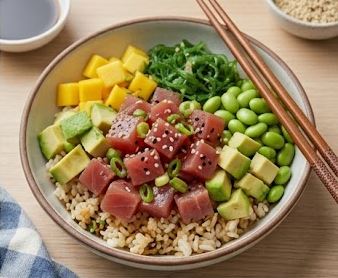 Poké bowl de salmón fresco con arroz y aguacate