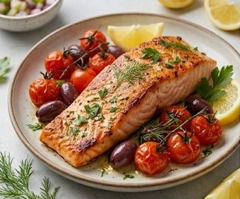 Salmón a la plancha sobre ensalada mediterránea fresca