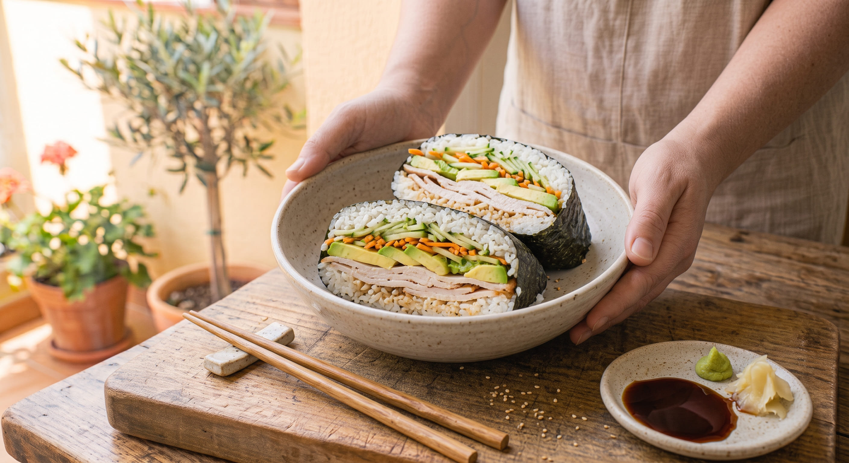 Sándwich de pavo y aguacate cortado como sushi