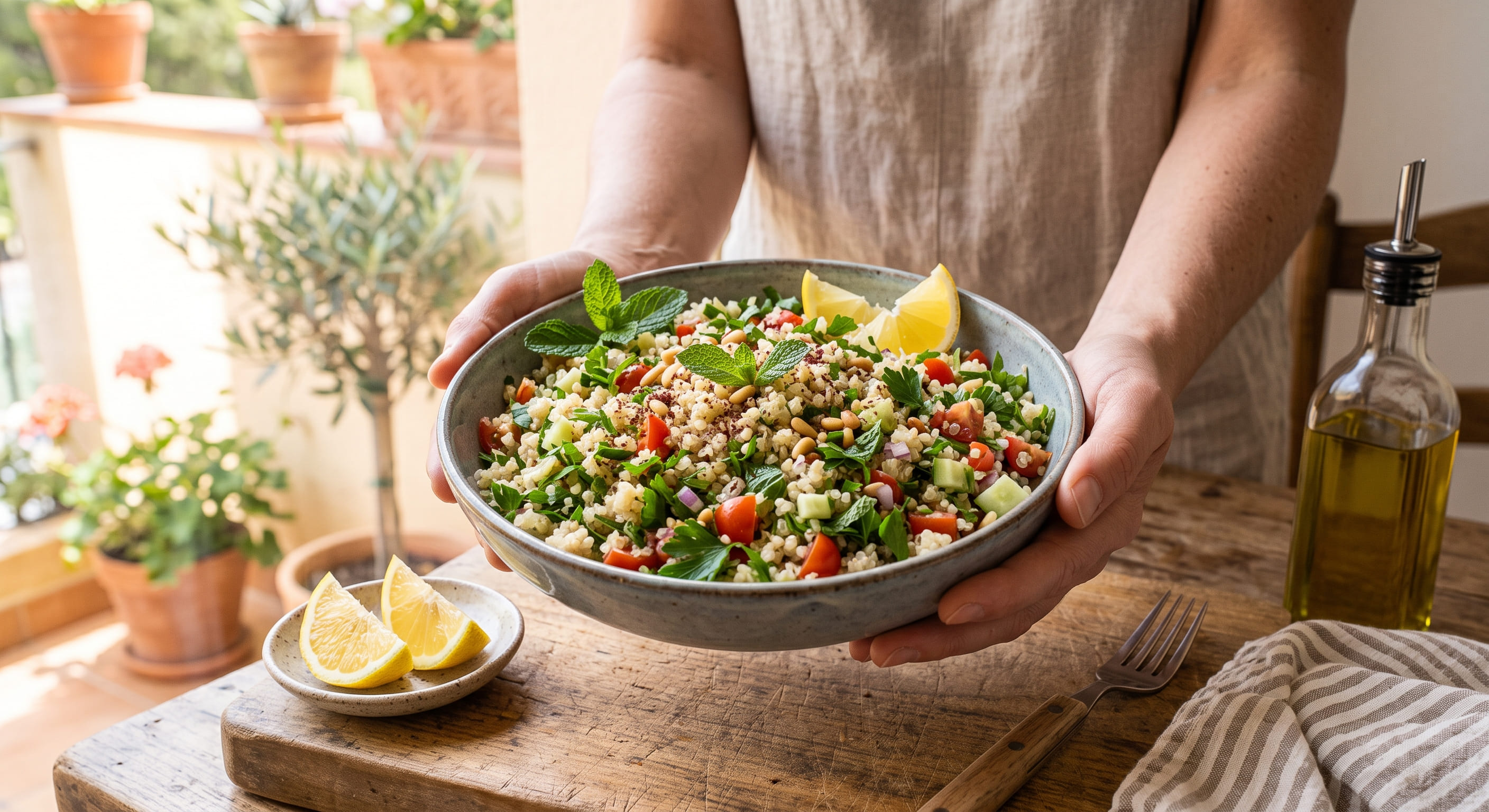 Tabulé de quinoa con pepino, tomate, menta y limón