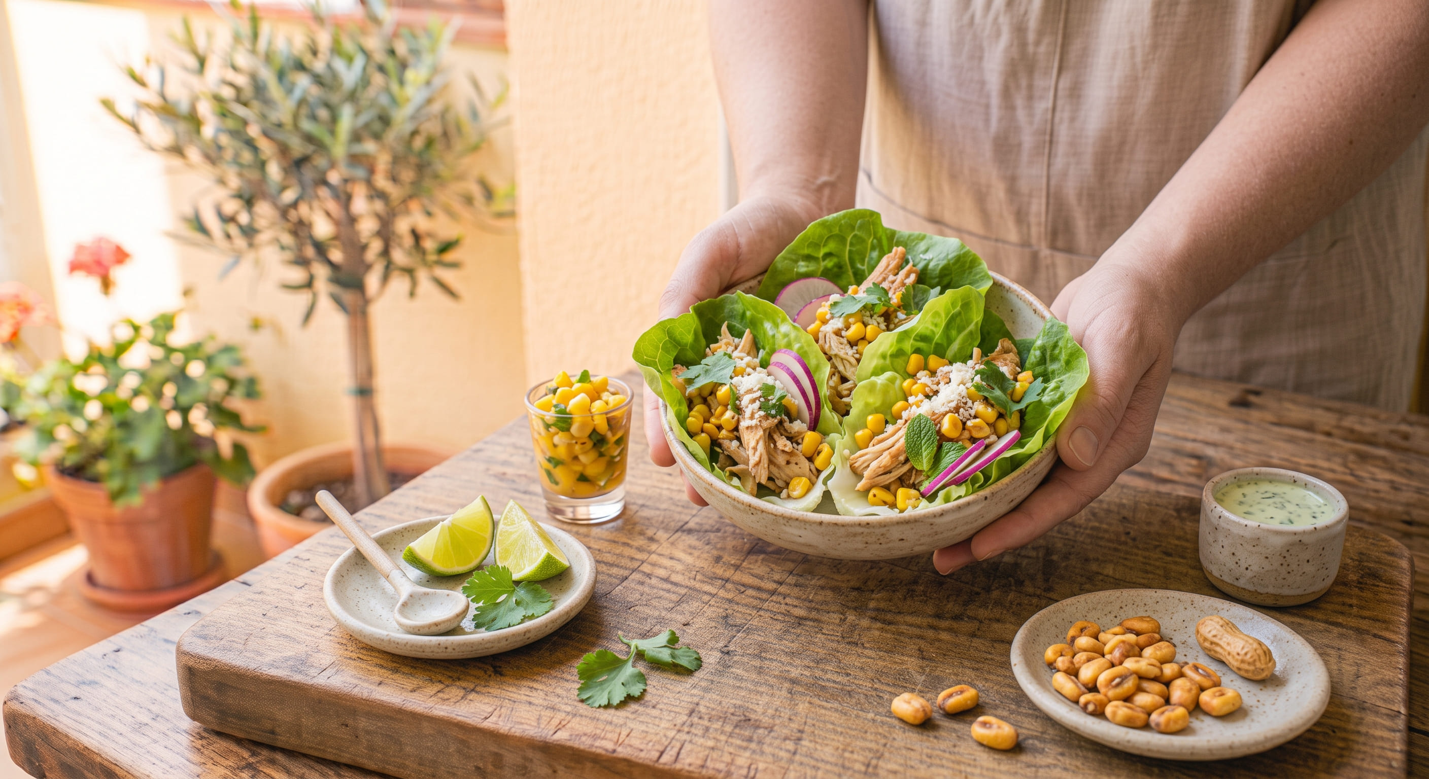 Tacos de lechuga con pollo, maíz y tomate