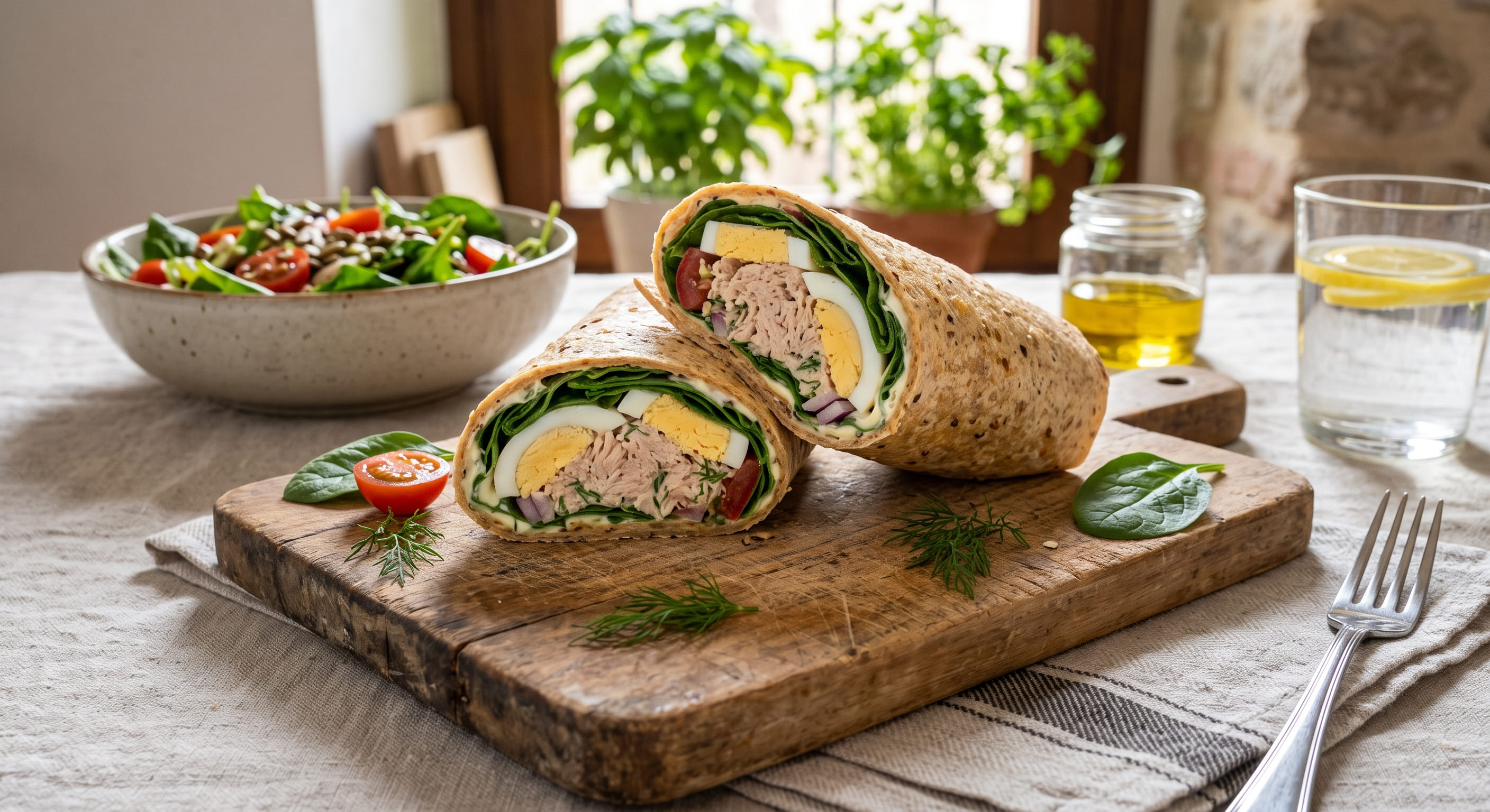 Wrap integral de atún, huevo cocido y espinacas