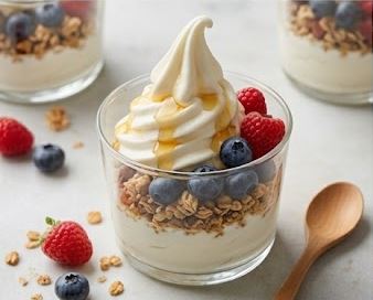 Yogur helado casero de proteína con frutos rojos